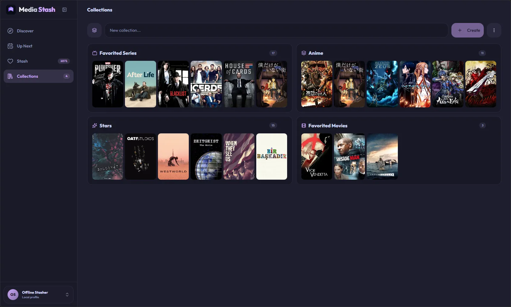 Media Stash collections screen with themed groups of saved titles