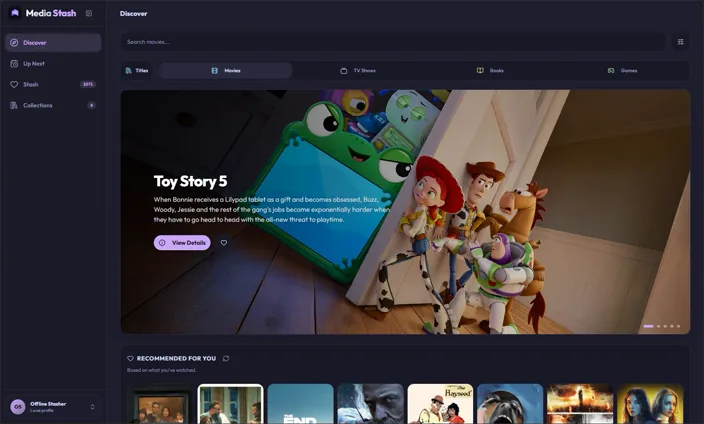 Media Stash Discover screen with search, media filters, and recommended titles