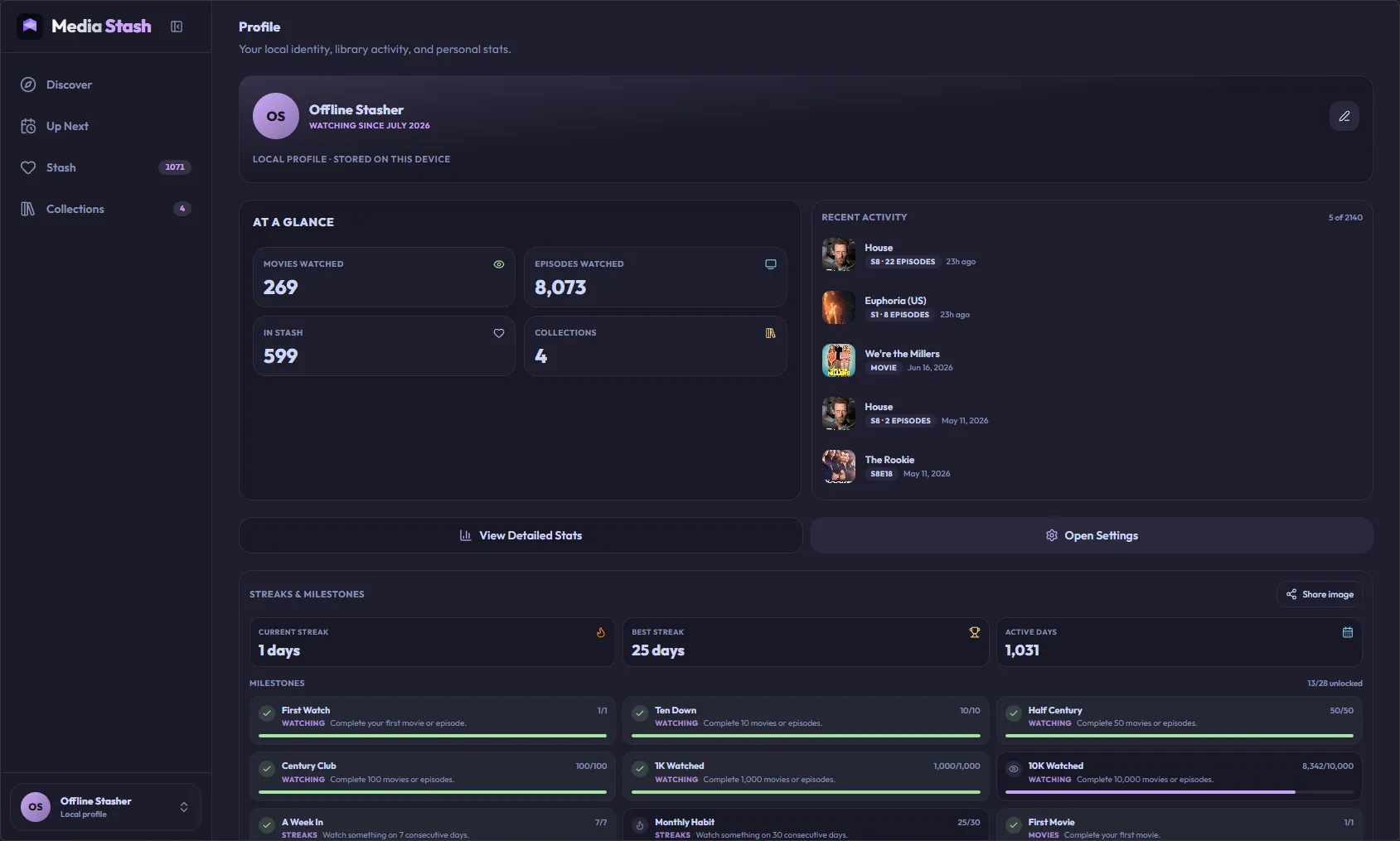 Media Stash profile screen with watching statistics and milestones
