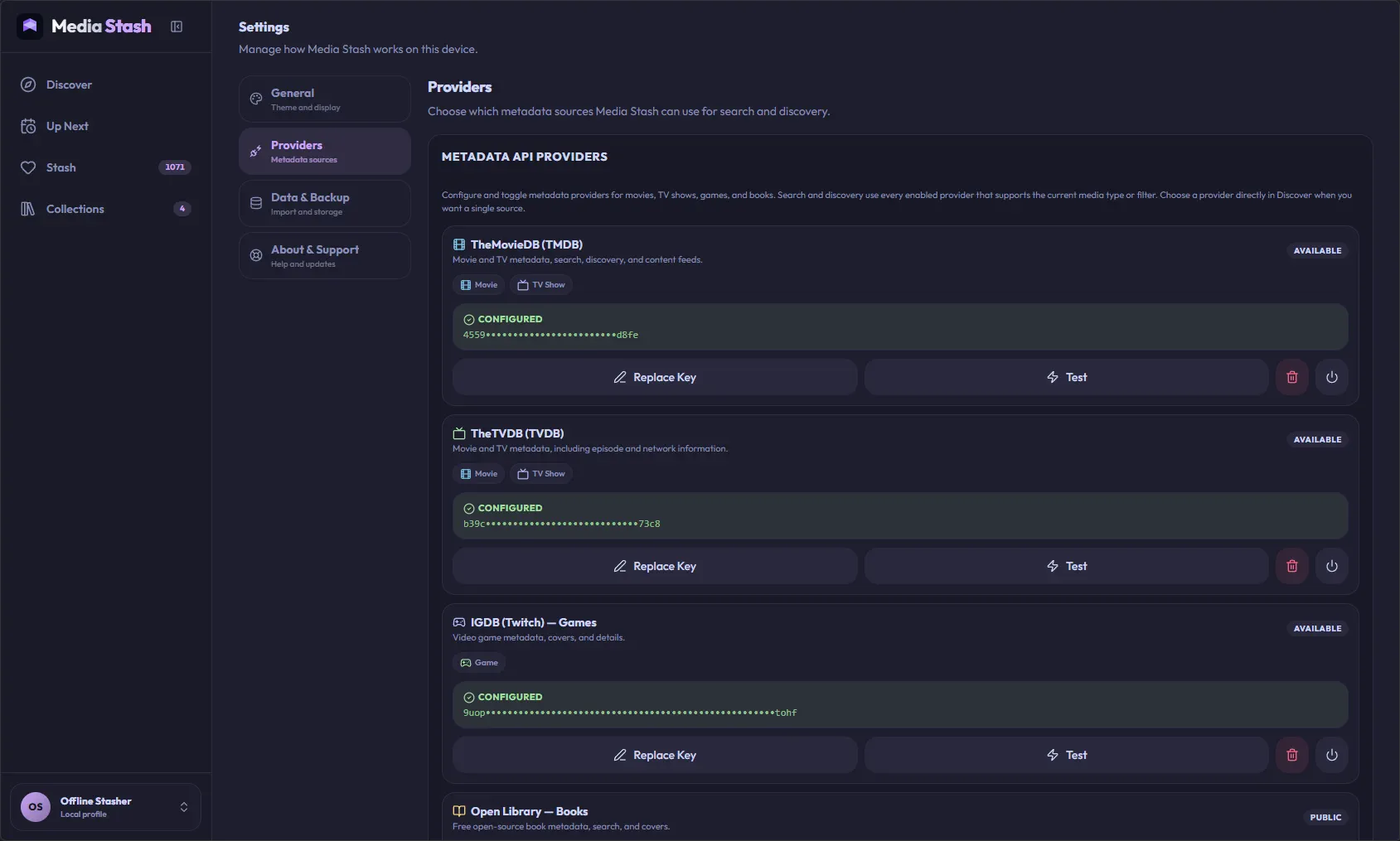 Media Stash provider settings screen for configuring metadata sources