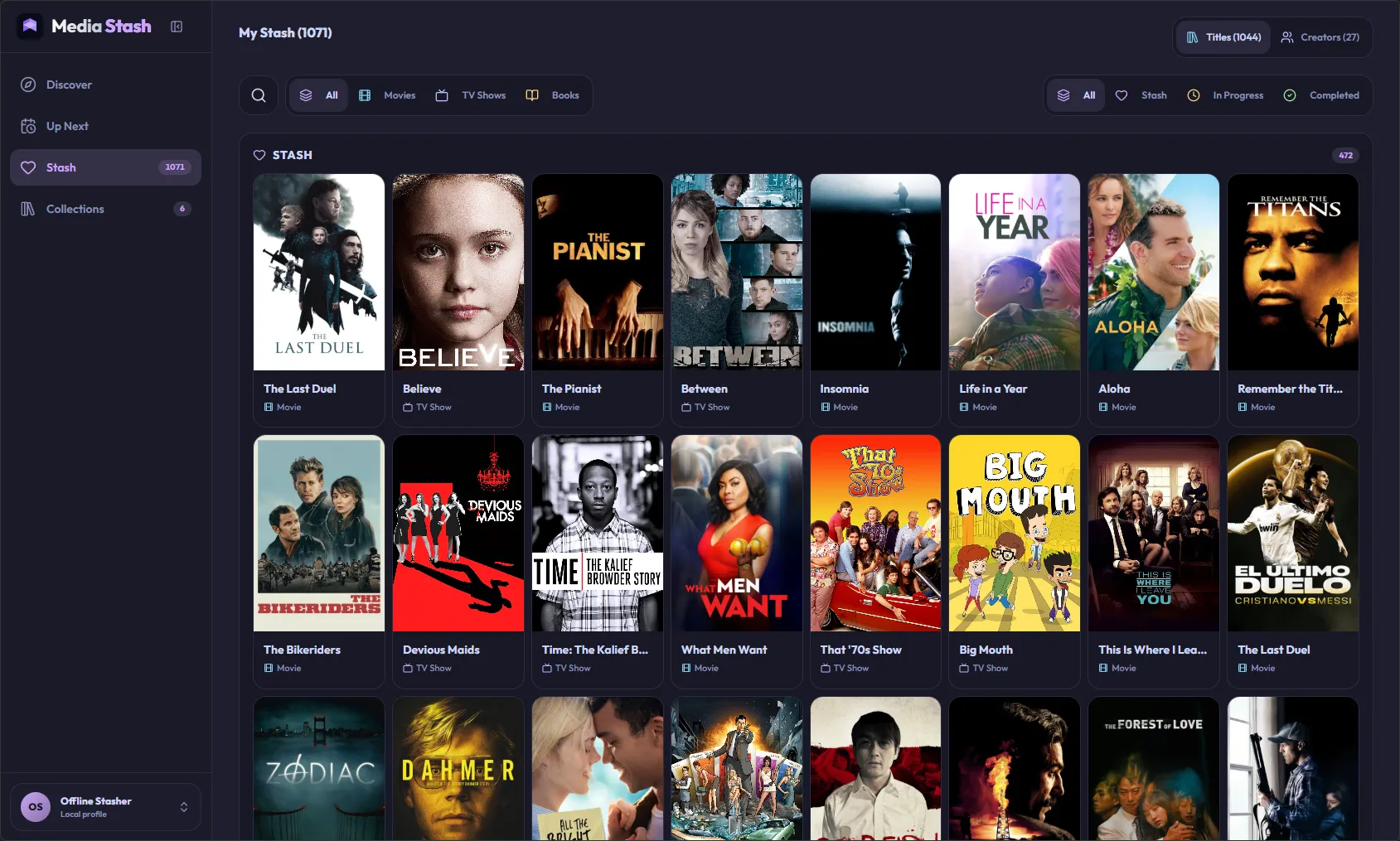 Media Stash library showing a grid of saved movies and TV shows