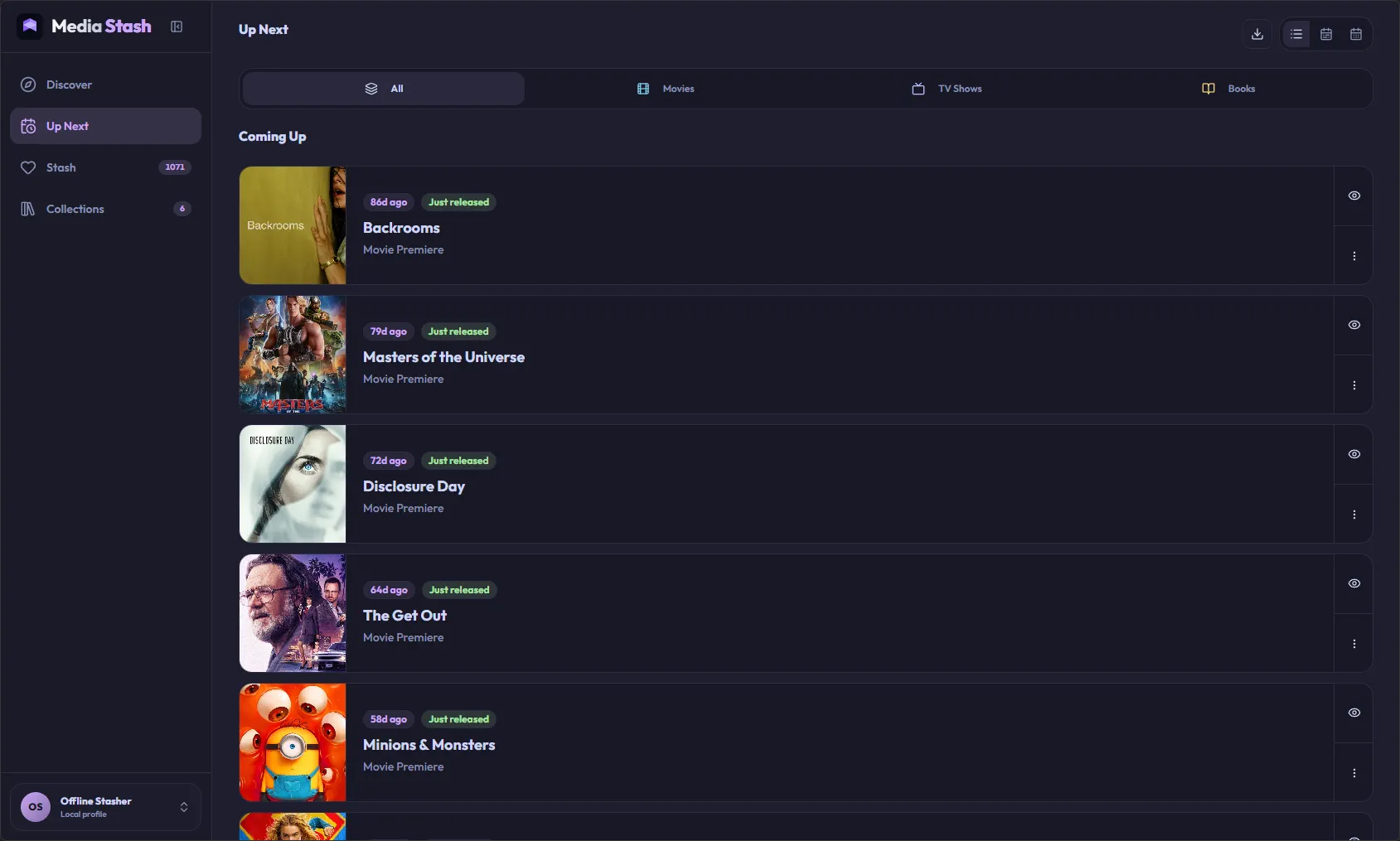 Media Stash Up Next screen with upcoming titles and release status